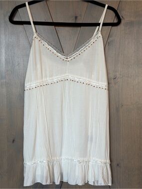 POL Boho-Style Camisole Slip Top Lace-Trim Bead Detail Adjustable Cream Medium